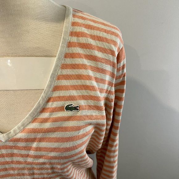 LACOSTE‎ Orange Cream Stripe V Neck Sweater (40) - Picture 3 of 8